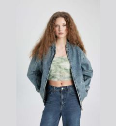 Снимка на DEFACTO Oversize Wide Fit Jean Bomber Jacket College Collar Zippered Double Pocket