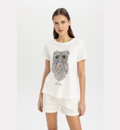 Снимка на DEFACTO Regular Fit Crew Neck Owl Patterned Combed Cotton Short Sleeve T-Shirt