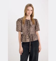 Снимка на DEFACTO Regular Fit Round Neck Leopard Printed Front Tie Poplin Short Sleeve Blouse