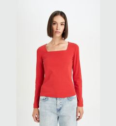 Снимка на DEFACTO Regular Fit Square Neck Basic Plain Ribbed Camisole Long Sleeve Red T-Shirt