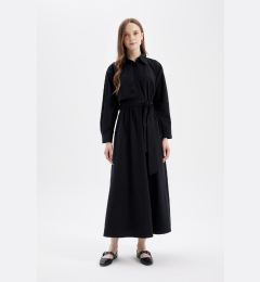 Снимка на DEFACTO Shirt Collar Basic Plain Buttoned Belted Poplin Long Sleeve Maxi Black Dress