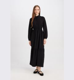 Снимка на DEFACTO Shirt Collar Basic Plain Buttoned Waist Gathered Long Sleeve Maxi Black Dress