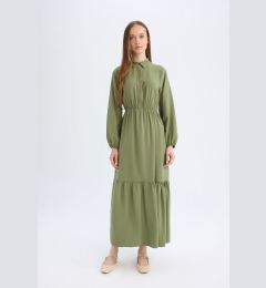 Снимка на DEFACTO Shirt Collar Basic Plain Buttoned Waist Gathered Long Sleeve Maxi Dress