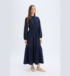 Снимка на DEFACTO Shirt Collar Basic Plain Buttoned Waist Gathered Long Sleeve Maxi Navy Blue Dress