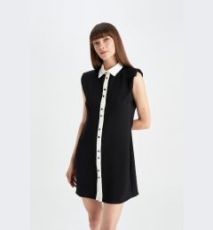 Снимка на DEFACTO Shirt Collar Basic Plain Buttoned Woven Sleeveless Mini Black Dress