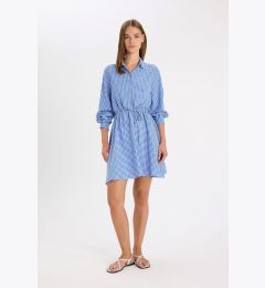 Снимка на DEFACTO Shirt Collar Gingham Buttoned Waist Tie Seersucker Textured Long Sleeve Mini Dress