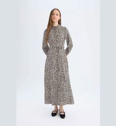 Снимка на DEFACTO Shirt Collar Leopard Print Buttoned Belted Long Sleeve Maxi Dress