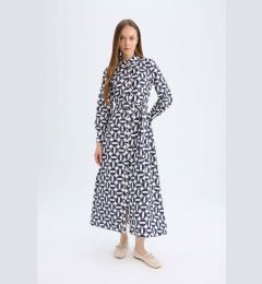 Снимка на DEFACTO Shirt Collar Patterned Buttoned Belted Long Sleeve Maxi Dress