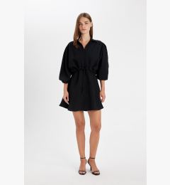 Снимка на DEFACTO Shirt Collar Pleated Waist Lace Up Basic Plain Modal Batwing Sleeve Mini Black Dress