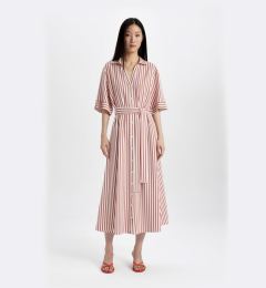 Снимка на DEFACTO Shirt Collar Striped Belted Linen Short Sleeve Midi Dress