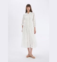 Снимка на DEFACTO Shirt Collar Voile Embroidery Half Sleeve Maxi White Dress