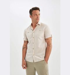 Снимка на DEFACTO Slim Fit Polo Neck Linen Look Short Sleeve Shirt