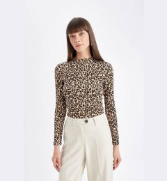 Снимка на DEFACTO Slim Fit Slim Fit Half Turtleneck Leopard Print Long Sleeve T-Shirt