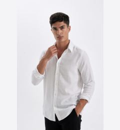 Снимка на DEFACTO White Modern Fit Polo Collar Basic Plain Cotton Long Sleeve Shirt