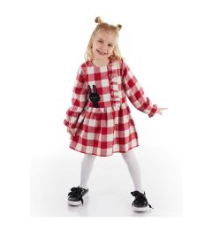 Снимка на Denokids Black Rabbit Red Plaid Girl's Dress with Elastic Sleeves