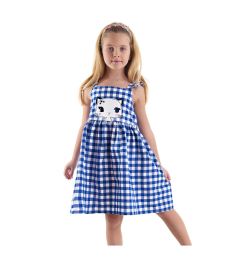 Снимка на Denokids Navy Blue Star Cat Girl's Plaid Summer Strap Dress