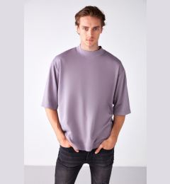 Снимка на GRIMELANGE Men's Ascolı Oversize Fit Special Thick Textured Fabric High Collar Lilac T-shirt