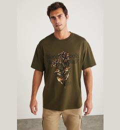 Снимка на GRIMELANGE Sneill Men's Crew Neck 100% Cotton Printed Khaki T-shir