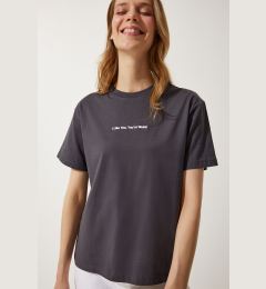 Снимка на Happiness İstanbul Women's Anthracite Printed Basic Knitted T-Shirt