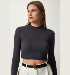 Снимка на Happiness İstanbul Women's Anthracite Ribbed Turtleneck Crop Knitted Blouse