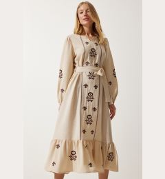 Снимка на Happiness İstanbul Women's Beige Embroidered Linen Surface Long Woven Dress