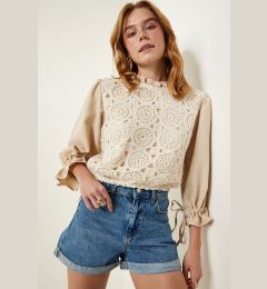 Снимка на Happiness İstanbul Women's Beige Lace Detailed Woven Linen Blouse