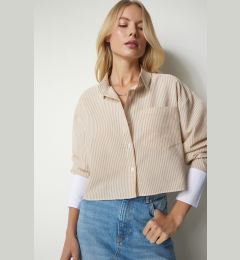 Снимка на Happiness İstanbul Women's Beige Pinstripe Crop Shirt