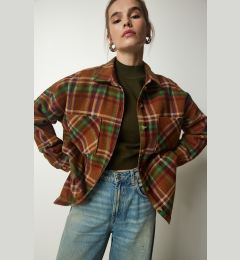 Снимка на Happiness İstanbul Women's Biscuit Green Patterned Oversize Cachet Lumberjack Shirt