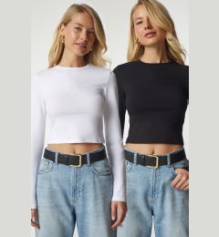 Снимка на Happiness İstanbul Women's Black and White Basic 2 Pack Knitted Crop Blouse