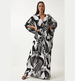 Снимка на Happiness İstanbul Women's Black and White Patterned Bat Sleeve Asymmetrical Viscose Dress