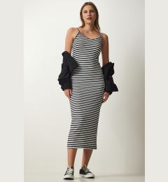 Снимка на Happiness İstanbul Women's Black and White Strappy Ribbed Pencil Dress