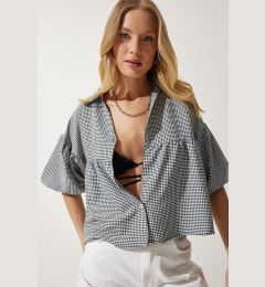 Снимка на Happiness İstanbul Women's Black Balloon Sleeve Gingham Woven Shirt