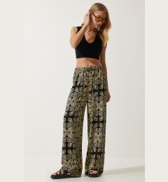 Снимка на Happiness İstanbul Women's Black Beige Patterned Raw Linen Palazzo Trousers