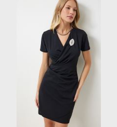 Снимка на Happiness İstanbul Women's Black Brooch Wrap Collar Mini Woven Dress