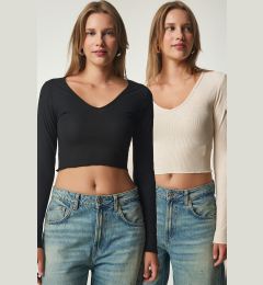 Снимка на Happiness İstanbul Women's Black Cream V-Neck 2-Pack Crop Knitted Blouse