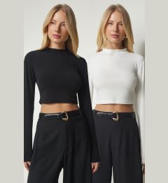 Снимка на Happiness İstanbul Women's Black Ecru High Neck 2-Pack Sandy Crop Blouse