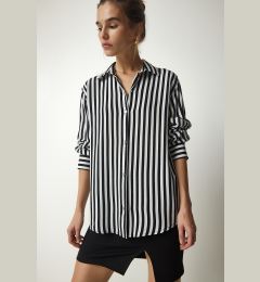 Снимка на Happiness İstanbul Women's Black Ecru Striped Viscose Shirt