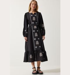 Снимка на Happiness İstanbul Women's Black Embroidered Linen Surface Long Woven Dress