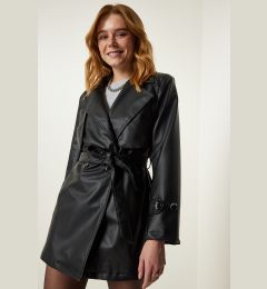 Снимка на Happiness İstanbul Women's Black Faux Leather Double Breasted Collar Short Trench Coat