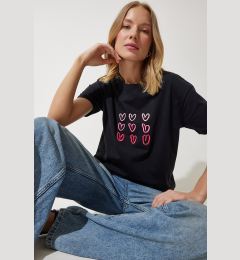 Снимка на Happiness İstanbul Women's Black Heart Embroidered Cotton T-Shirt