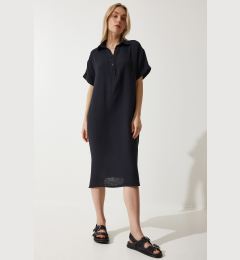 Снимка на Happiness İstanbul Women's Black Polo Collar Summer Loose Muslin Dress