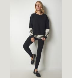 Снимка на Happiness İstanbul Women's Black Striped T-Shirt Patch Knitted Sweatshirt