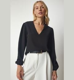 Снимка на Happiness İstanbul Women's Black V-Neck Crepe Blouse