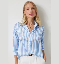 Снимка на Happiness İstanbul Women's Blue and White Striped Draped Satin Look Shirt