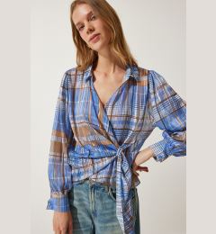 Снимка на Happiness İstanbul Women's Blue Glitter Thread Checkered Shirt