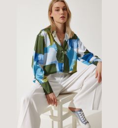 Снимка на Happiness İstanbul Women's Blue Green Patterned Oversize Satin Shirt