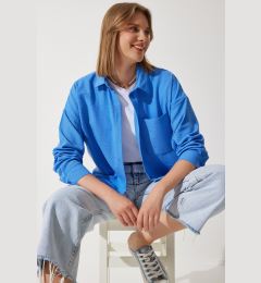 Снимка на Happiness İstanbul Women's Blue Oversize Linen Ayrobin Shirt