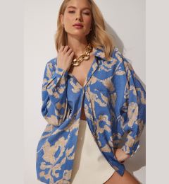 Снимка на Happiness İstanbul Women's Blue Patterned Oversize Cotton Satin Shirt