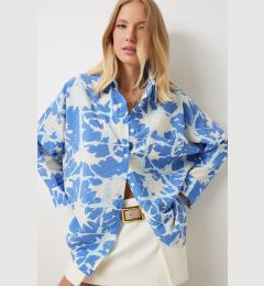 Снимка на Happiness İstanbul Women's Blue Patterned Textured Oversize Ayrobin Viscose Shirt