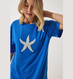 Снимка на Happiness İstanbul Women's Blue Star Pearl Embroidered Oversize Knitted T-Shirt